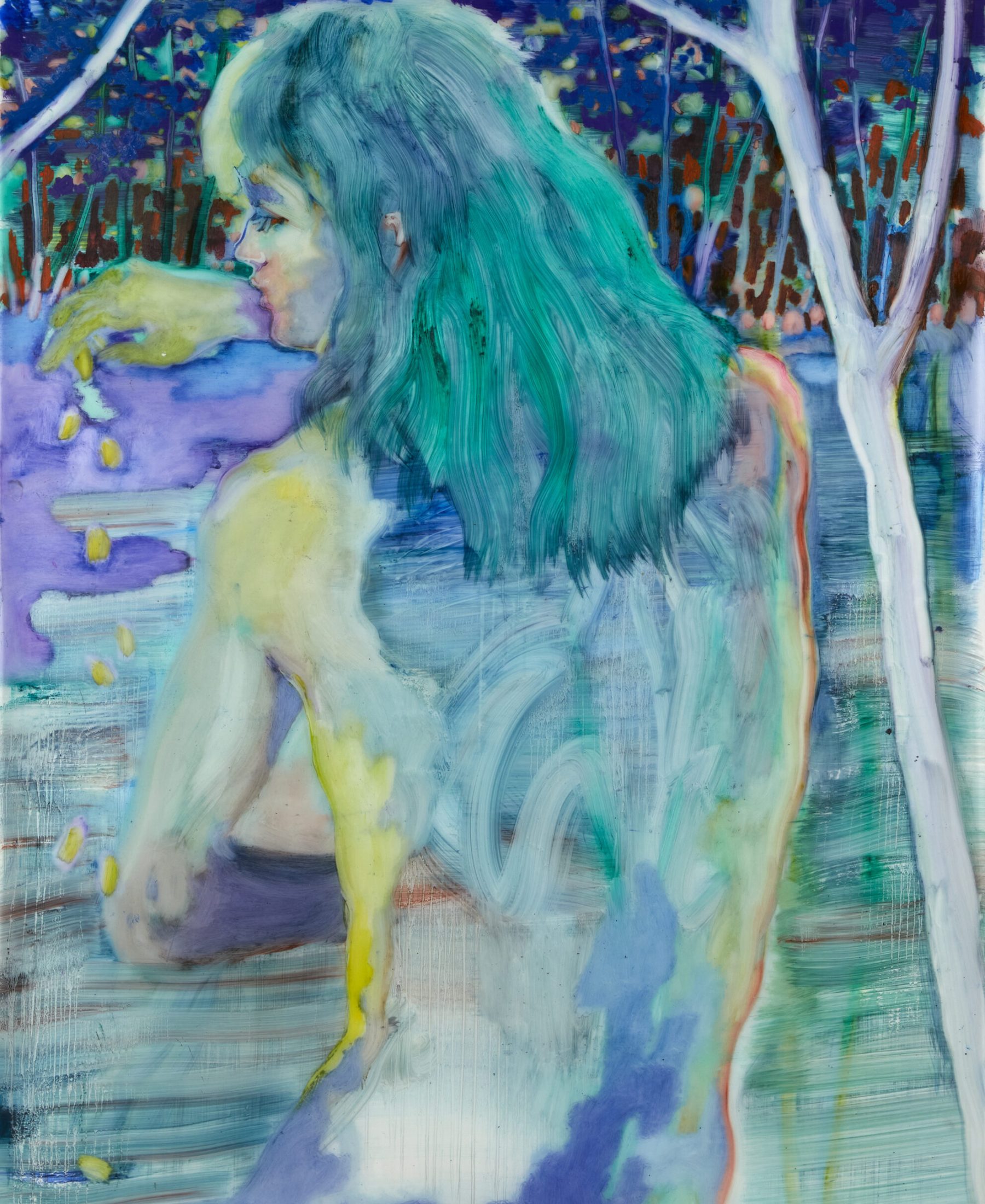 Sarah Jérôme, Le bleu de l’automne, peinture à l’huile sur papier calque, 152,5 x 120cm, 2025, courtesy H Gallery